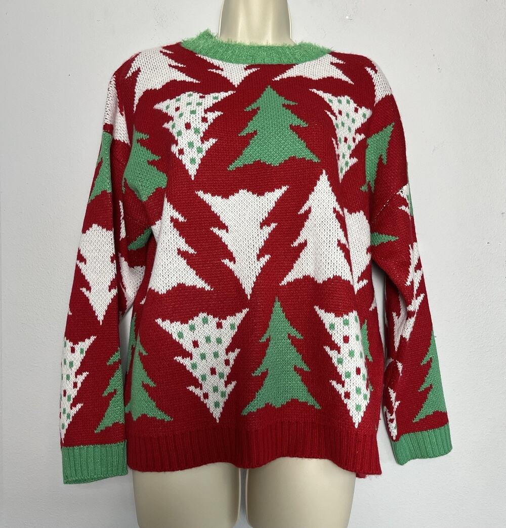 Holiday Sweater Women Red Green Christmas Tree Festive Party Size XXS 33 Degrees